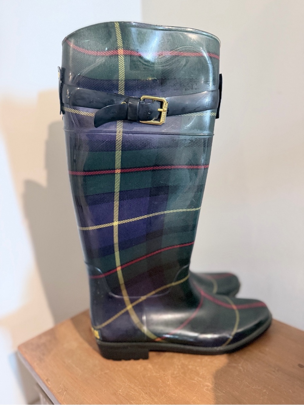 Lauren by Ralph Lauren Women’s Green Plaid Knee Rain Boots with Buckle